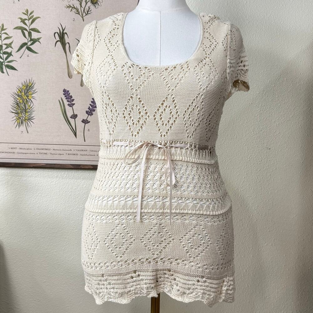 90s Y2k Open Knit Tie Front Babydoll Top Dolly Fairy Forest Cottage Coquette M L